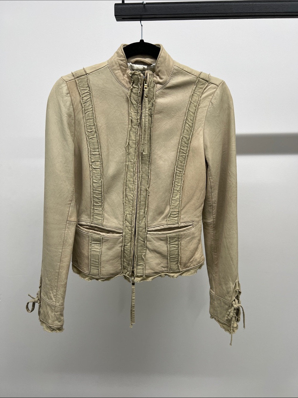 Beige Leather Zip-Up Jacket with Frayed Trim